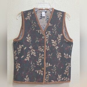 Stonebridge Floral Leaf Patterned Vest with Brown Velvet Trim Womens S Corduroy